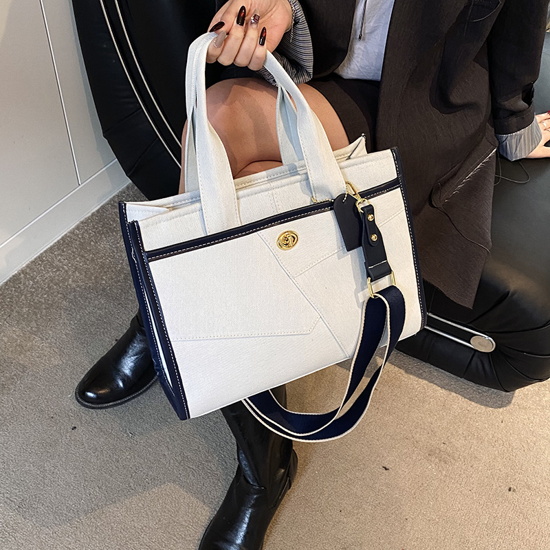 Women's New Denim Contrasting Splicing Hand-Held Tote Bag, Casual Commuting Shoulder Crossbody Bag