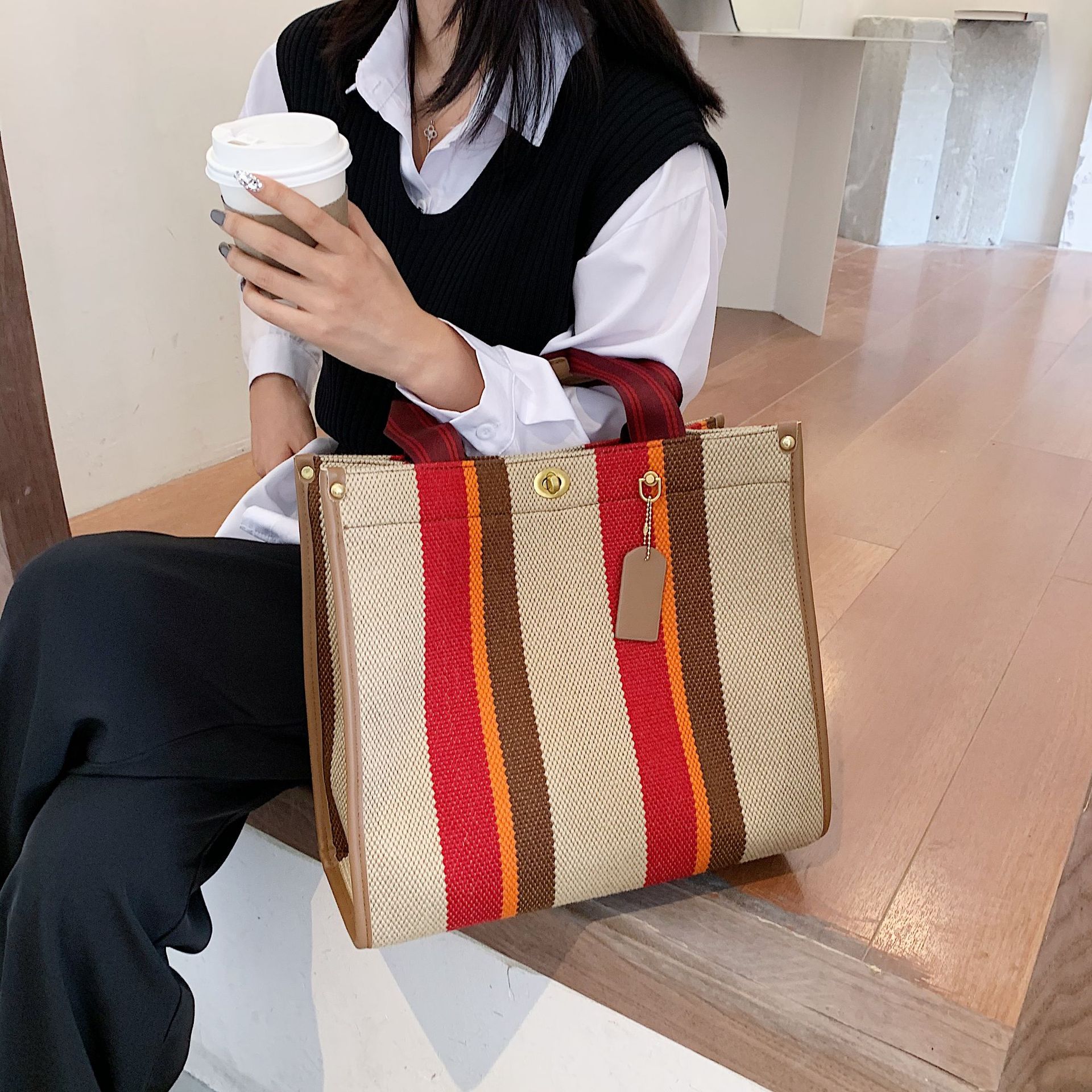 Female Hot Selling Cross-Border New Trendy Fabric Striped Handbag With High-End Texture And Light Luxury Crossbody Bag