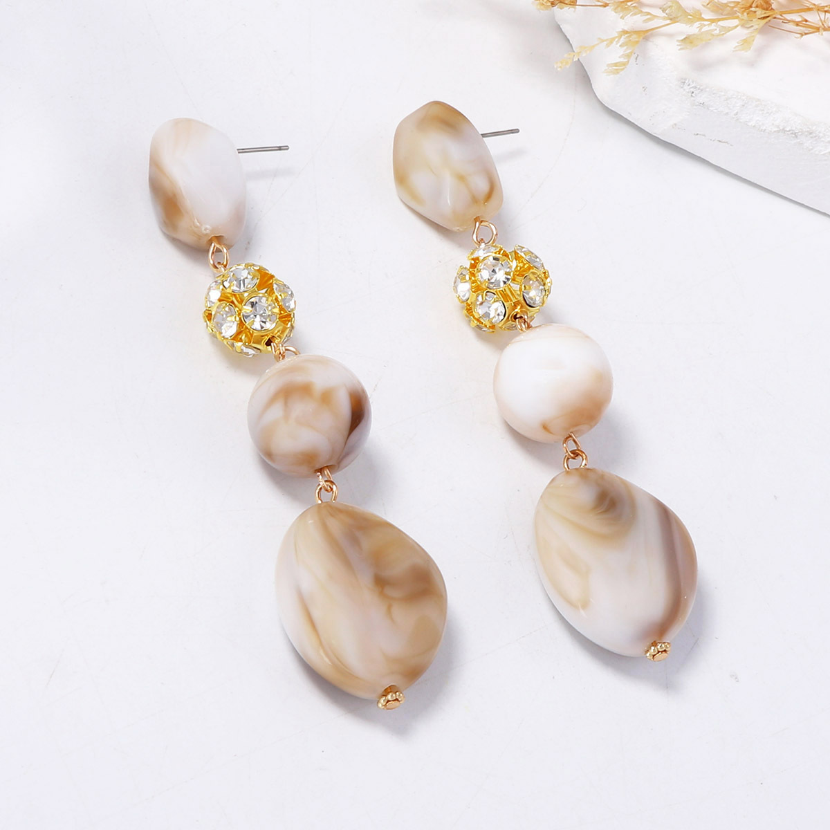 European and American Style Minimalist Retro Geometric Plastic Bead Micro Inlaid Rhinestone Long Tassel Earrings