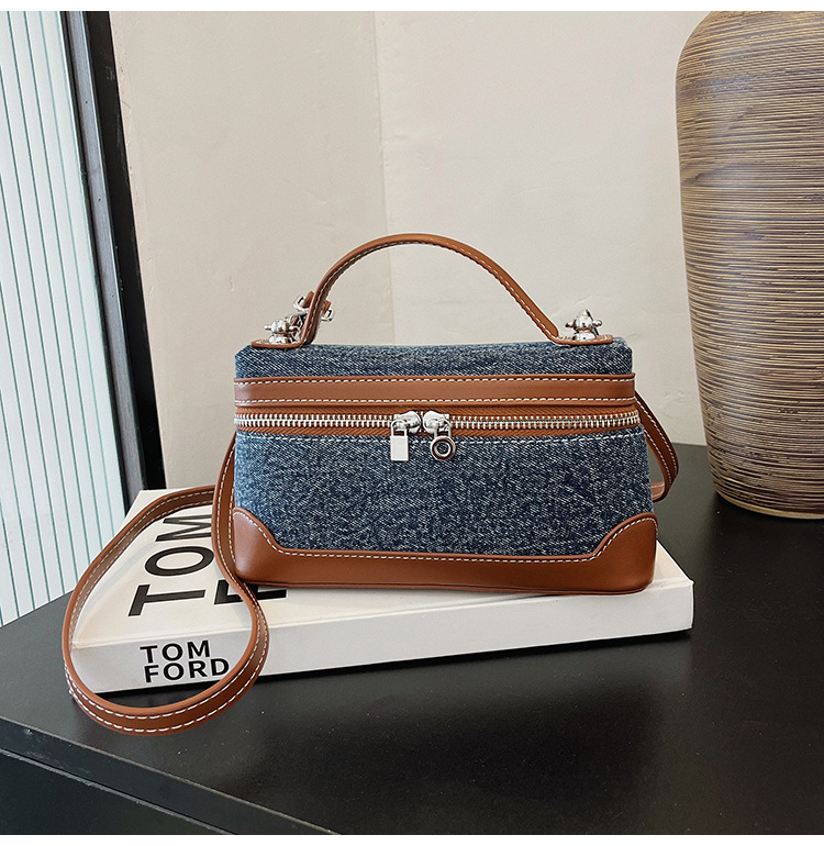Denim Color Blocked Hand-Held Small Square Bag, Women's New Retro Fashion Casual Shoulder Crossbody Bag