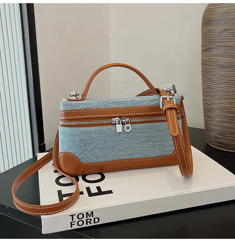 Denim Color Blocked Hand-Held Small Square Bag, Women's New Retro Fashion Casual Shoulder Crossbody Bag