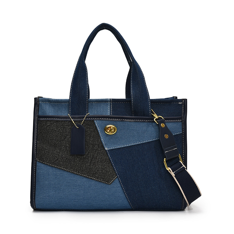 Women's New Denim Contrasting Splicing Hand-Held Tote Bag, Casual Commuting Shoulder Crossbody Bag