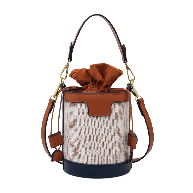 2026 New Handheld Cylinder Single Shoulder Bag Vintage Canvas Color-Block Crossbody Bag