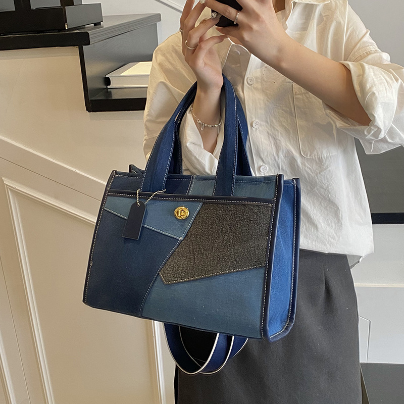 Women's New Denim Contrasting Splicing Hand-Held Tote Bag, Casual Commuting Shoulder Crossbody Bag