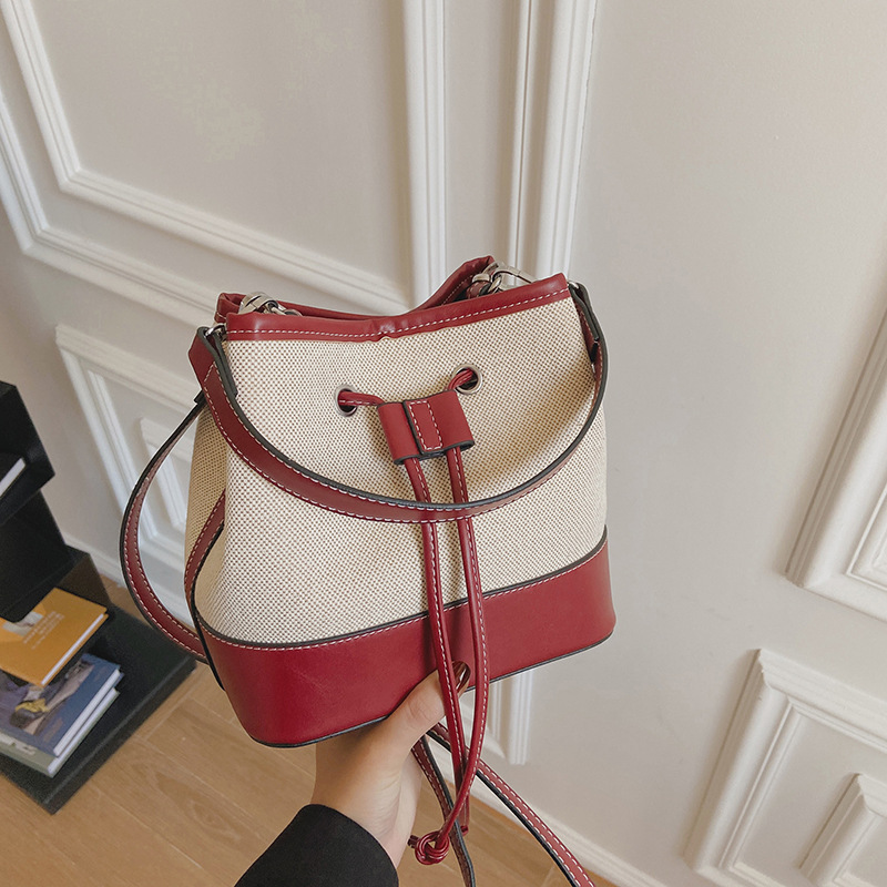 Women's New Canvas Contrasting Hand-Held Bucket Bag, Street Trendy Texture Single Shoulder Crossbody Bag